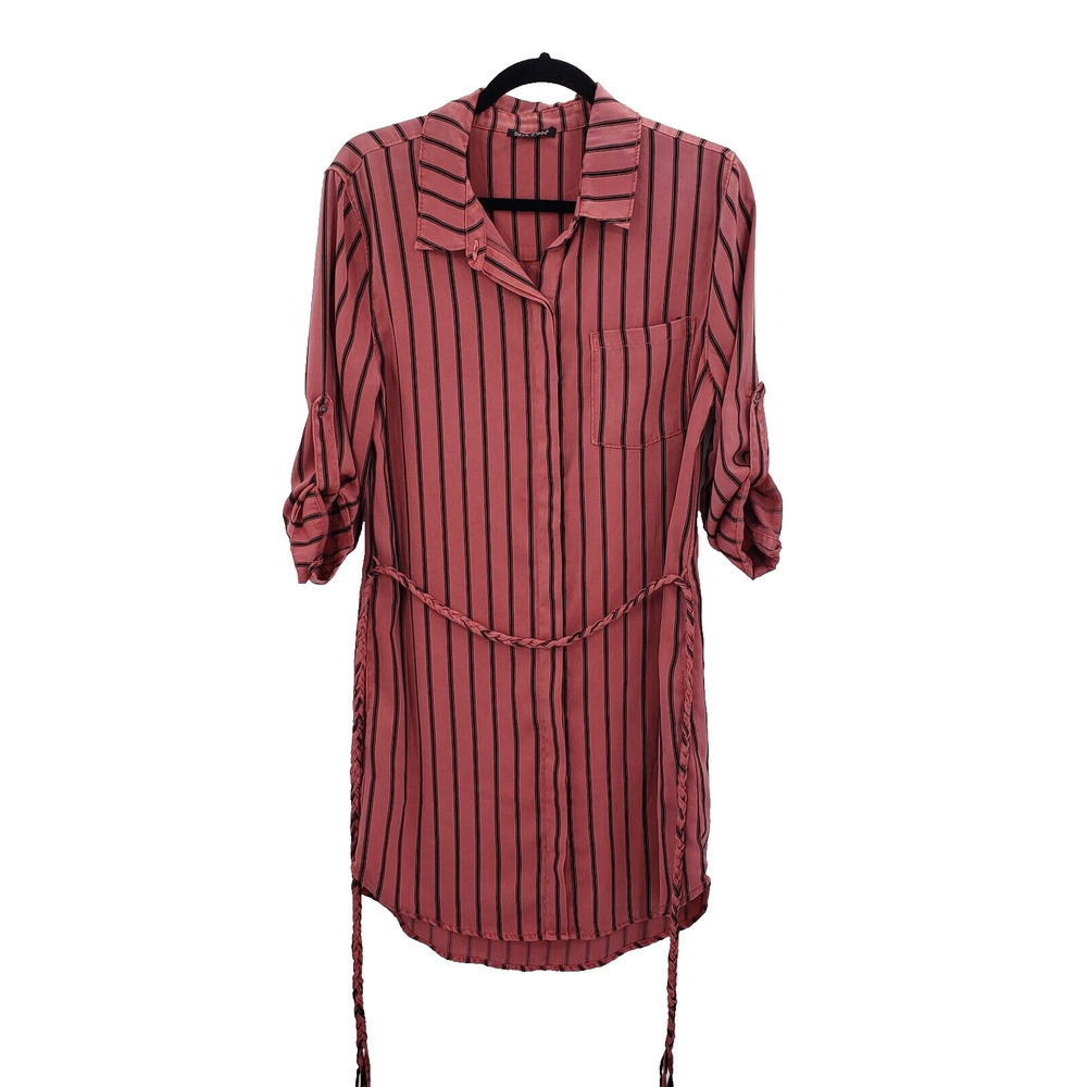 Dear John Striped Popover Shirt Dress Womens Small Braided Belt Roll Tab Sleeve